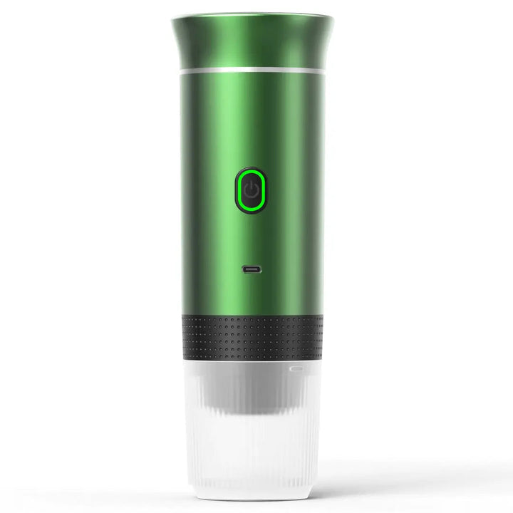 Tragbare, kompakte Espressomaschine in Schwarz, USB-aufladbar; passt in Rucksack oder Handtasche für mobilen Kaffeegenuss.
