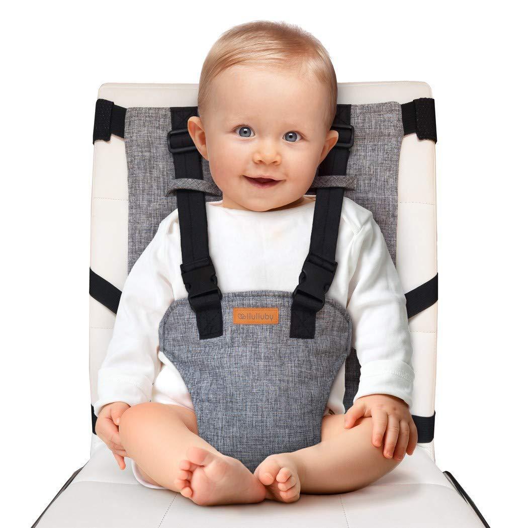 "Tragbarer Baby Sitzgurt, grau, leicht montierbar, für Sicherheit und Komfort auf Reisen und unterwegs, platzsparend."