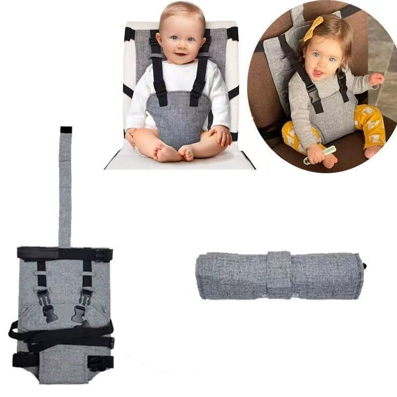 "Tragbarer Baby Sitzgurt, grau, leicht montierbar, für Sicherheit und Komfort auf Reisen und unterwegs, platzsparend."