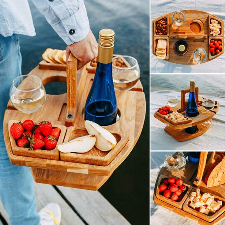 "Tragbarer Holz-Picknicktisch mit Glashalterungen, Snackfächern, kompakt zusammenklappbar für Weinausflüge."