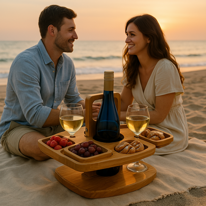 "Tragbarer Holz-Weintisch fürs Picknick, klappbares Design mit Snackfächern und Glas-Halterungen, hochwertiges Holz"