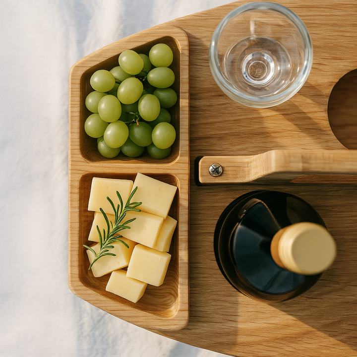 "Tragbarer Holz-Weintisch fürs Picknick, klappbares Design mit Snackfächern und Glas-Halterungen, hochwertiges Holz"