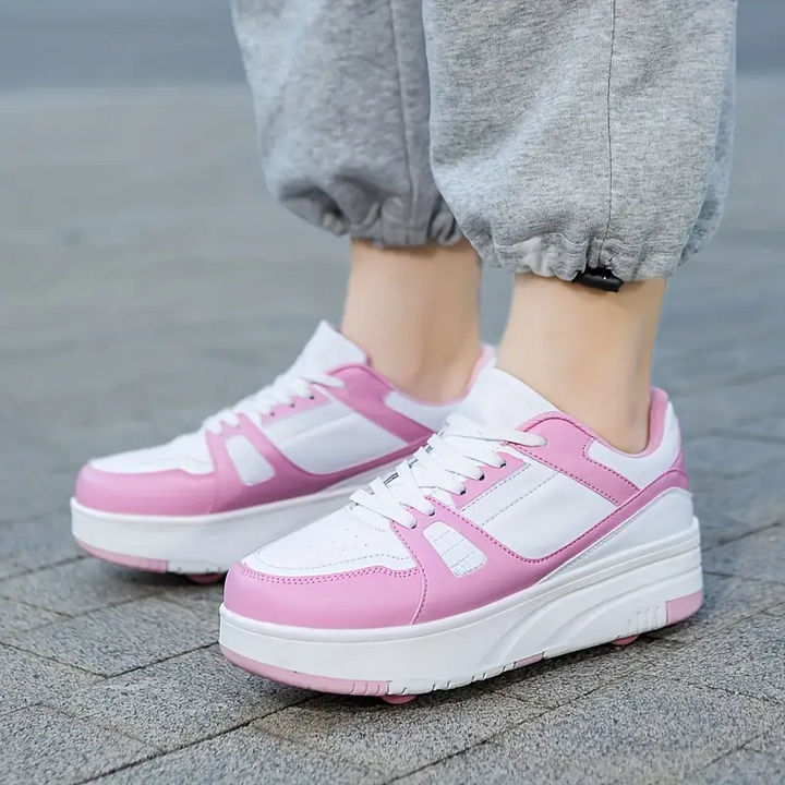 "Trendige Rollschuhe für Kinder mit versteckten Rollen, rosa-schwarzes Design, ideal für Outdoor-Abenteuer und Bewegung"