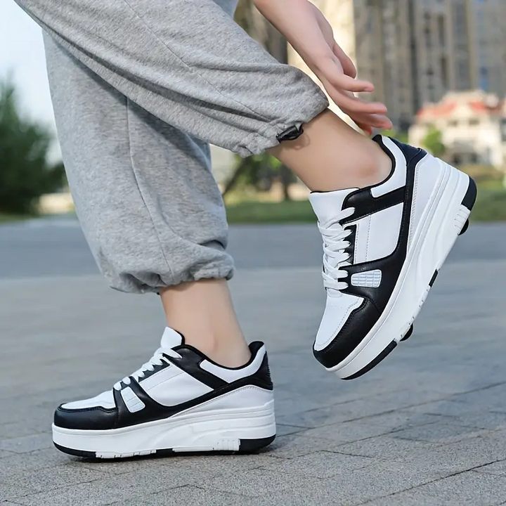 "Trendige Rollschuhe für Kinder mit versteckten Rollen, rosa-schwarzes Design, ideal für Outdoor-Abenteuer und Bewegung"