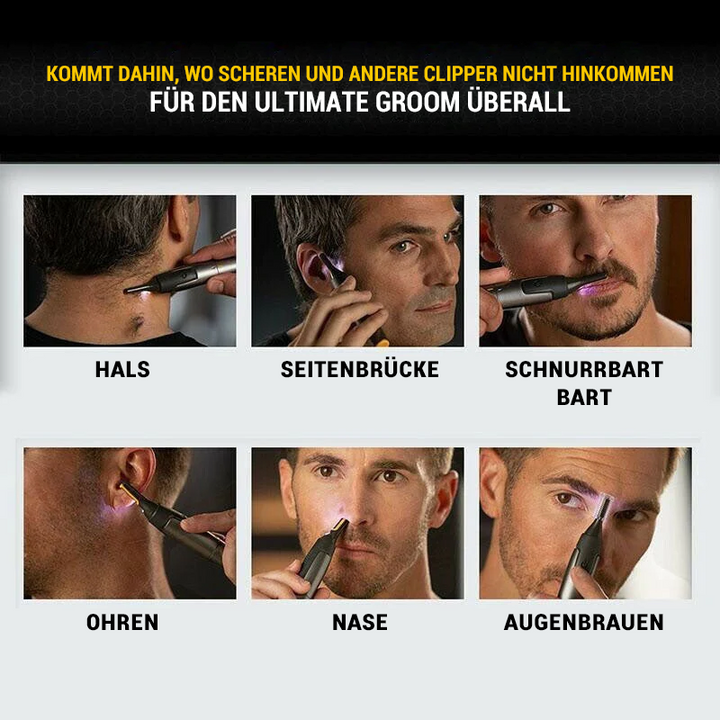 "Ultradünner Präzisionstrimmer mit LED, perfekt für präzises Bart- und Augenbrauentrimmen, kabellos und ergonomisch."