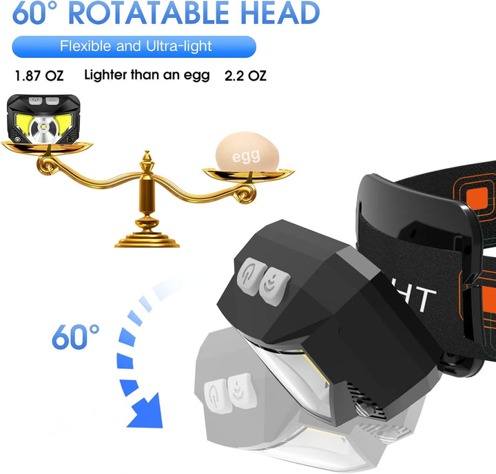 "Ultrahelle LED Stirnlampe, wiederaufladbar, wasserdicht, mit Bewegungssensor und 8 Modi, ideal für Camping und Wandern"