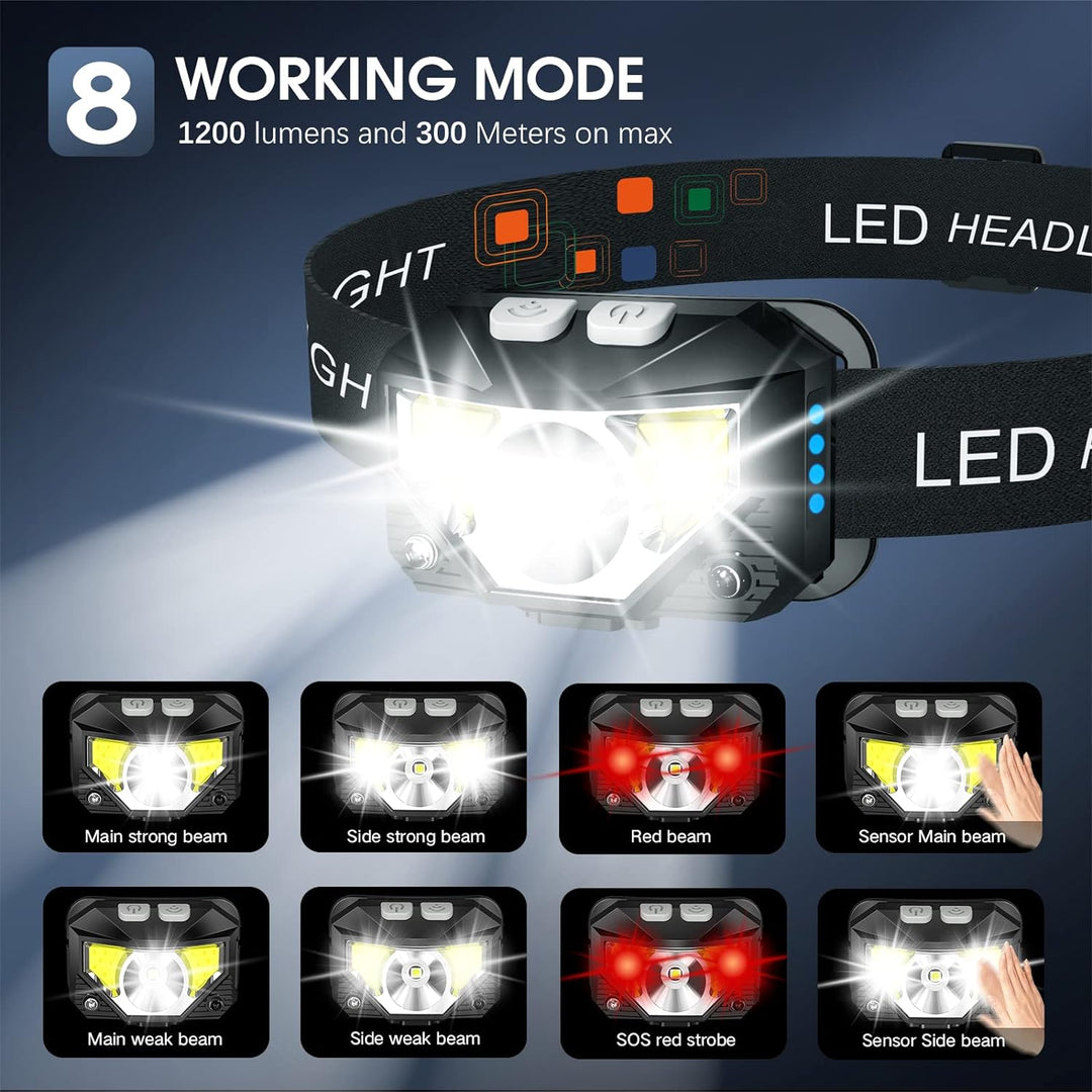 "Ultrahelle LED Stirnlampe, wiederaufladbar, wasserdicht, mit Bewegungssensor und 8 Modi, ideal für Camping und Wandern"