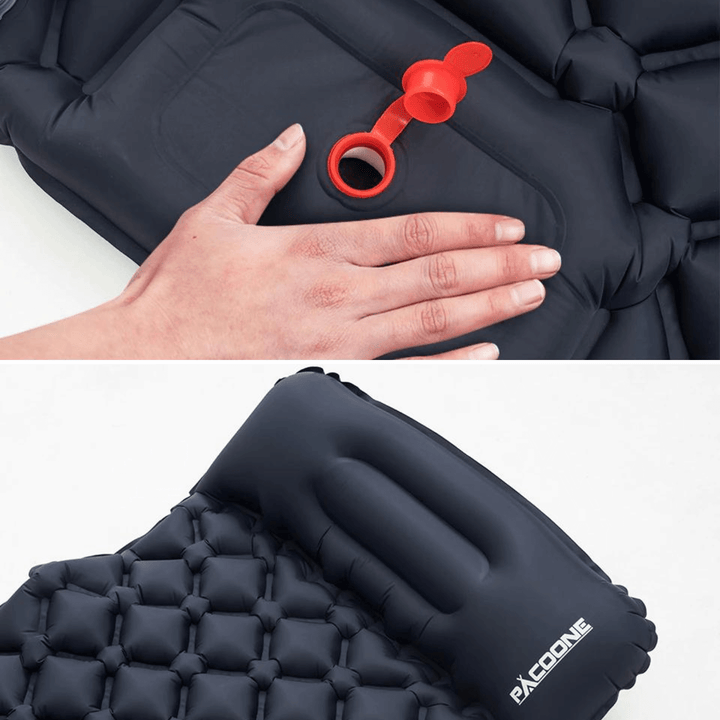 "Ultraleichte schwarze Isomatte mit integrierter Fußpumpe, wasserabweisend, ideal für Outdoor-Abenteuer, seitliche Ansicht."