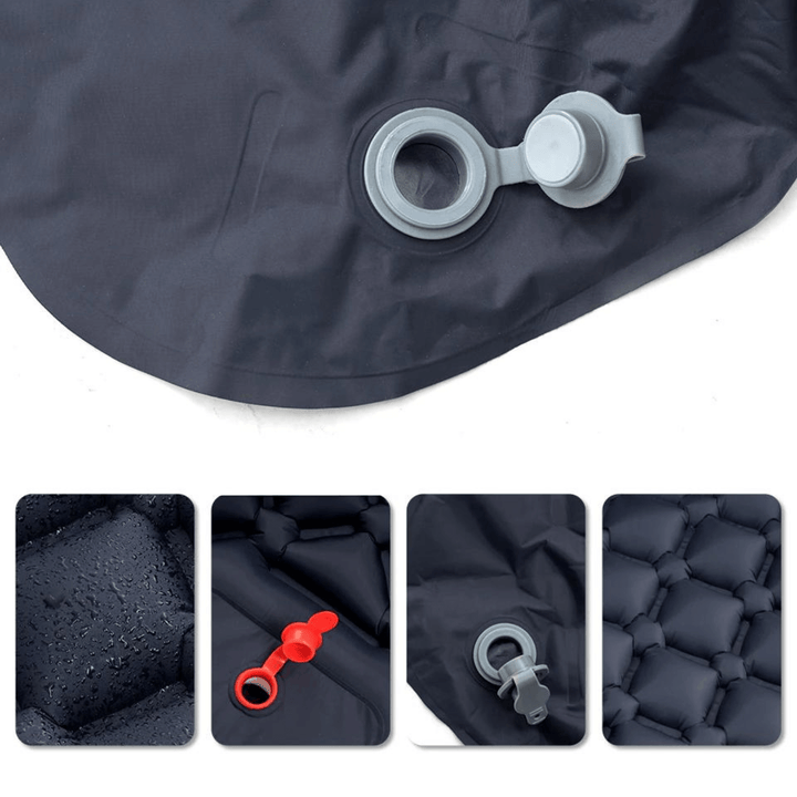 "Ultraleichte schwarze Isomatte mit integrierter Fußpumpe, wasserabweisend, ideal für Outdoor-Abenteuer, seitliche Ansicht."