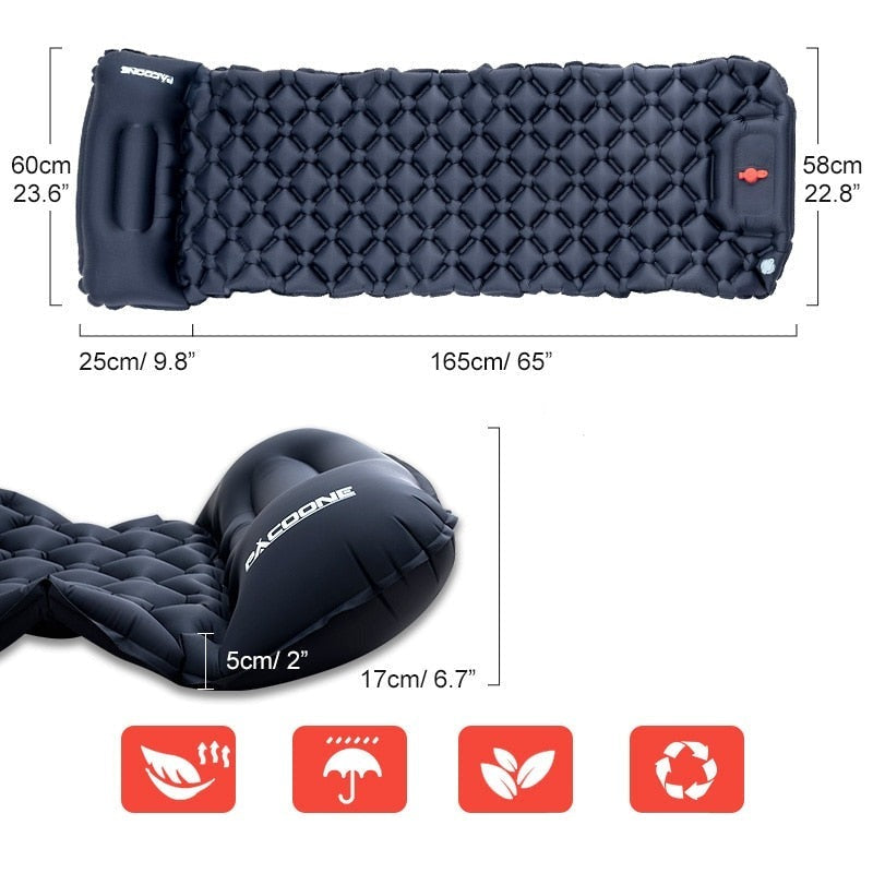 "Ultraleichte schwarze Isomatte mit integrierter Fußpumpe, wasserabweisend, ideal für Outdoor-Abenteuer, seitliche Ansicht."