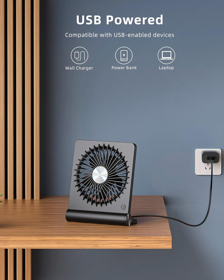 "Ultraleiser, kompakter Tischventilator, minimalistisches Design, perfekt für kleine Räume, geräuschlos unter 30 dB."