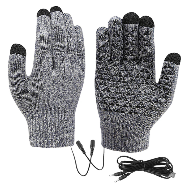 "USB-betriebene elektrische Heizhandschuhe, grau-schwarz, touchscreen-freundlich, atmungsaktiv, texturierte Handflächen."