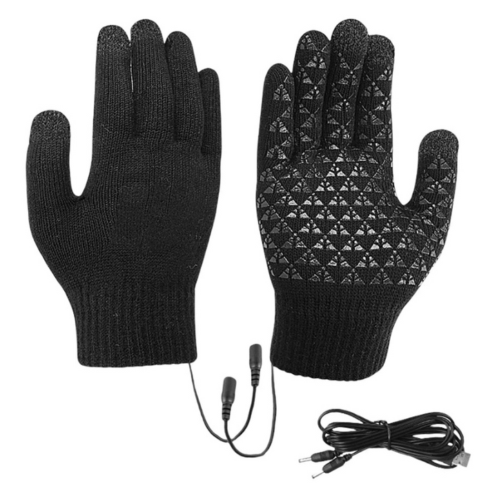 "USB-betriebene elektrische Heizhandschuhe, grau-schwarz, touchscreen-freundlich, atmungsaktiv, texturierte Handflächen."