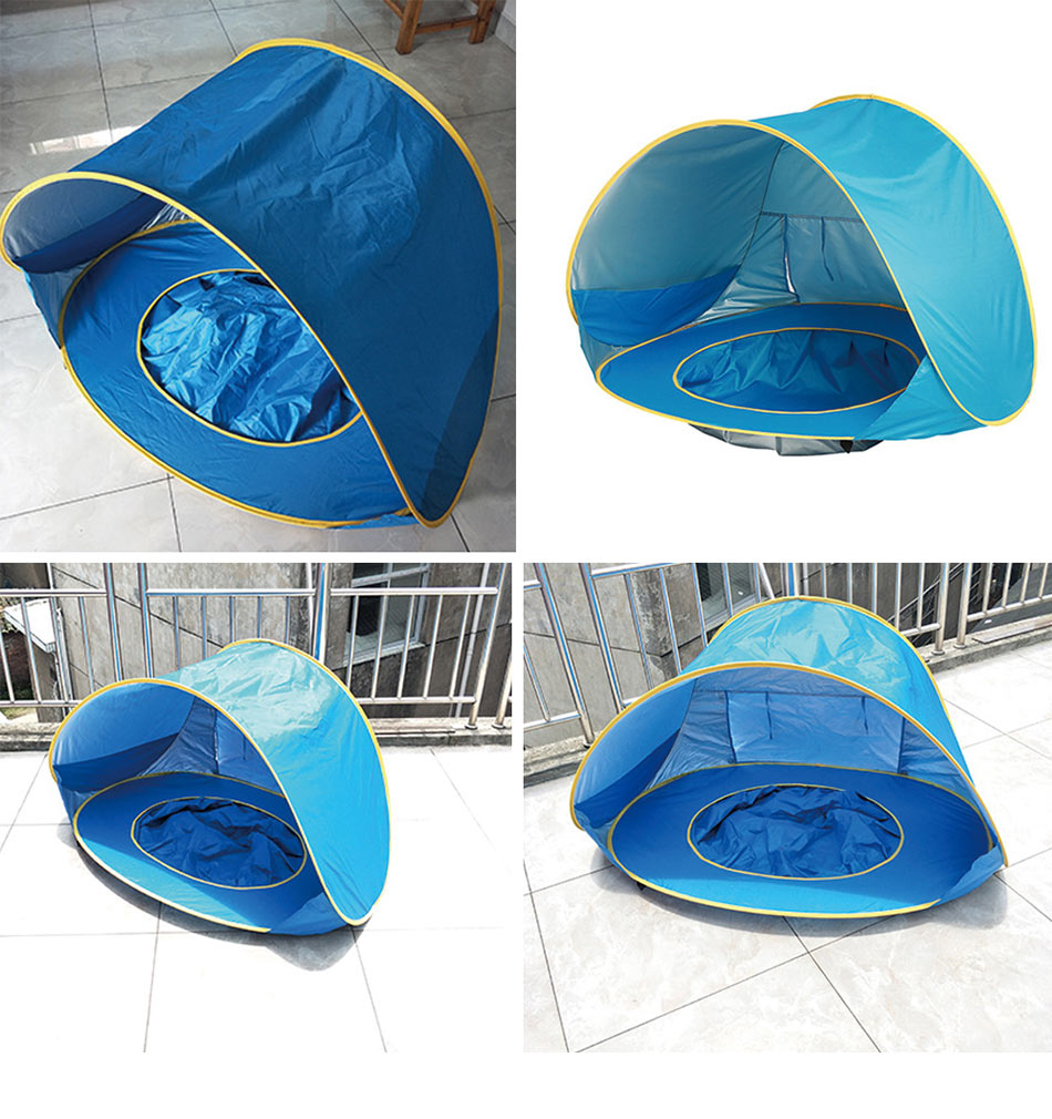 "UV-Schutz-Strandzelt mit integriertem Baby-Planschbecken, blaues Zelt, bietet Sonnenschutz und sicheren Spielspaß"