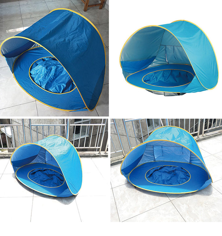"UV-Schutz-Strandzelt mit integriertem Baby-Planschbecken, blaues Zelt, bietet Sonnenschutz und sicheren Spielspaß"