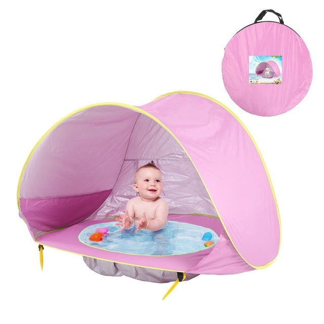"UV-Schutz-Strandzelt mit integriertem Baby-Planschbecken, blaues Zelt, bietet Sonnenschutz und sicheren Spielspaß"