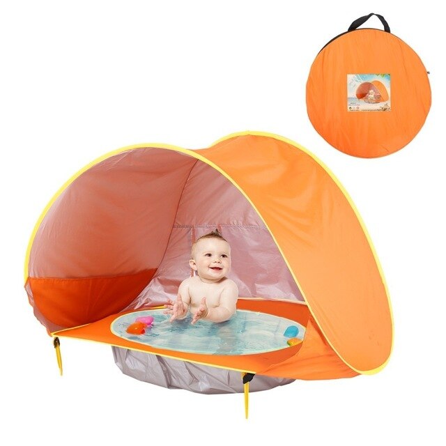 "UV-Schutz-Strandzelt mit integriertem Baby-Planschbecken, blaues Zelt, bietet Sonnenschutz und sicheren Spielspaß"