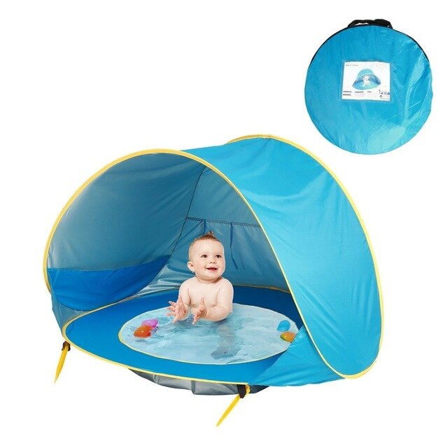 "UV-Schutz-Strandzelt mit integriertem Baby-Planschbecken, blaues Zelt, bietet Sonnenschutz und sicheren Spielspaß"