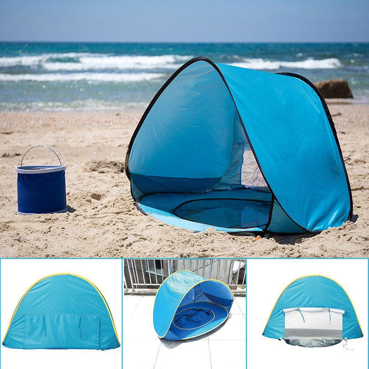 "UV-Schutz-Strandzelt mit integriertem Baby-Planschbecken, blaues Zelt, bietet Sonnenschutz und sicheren Spielspaß"