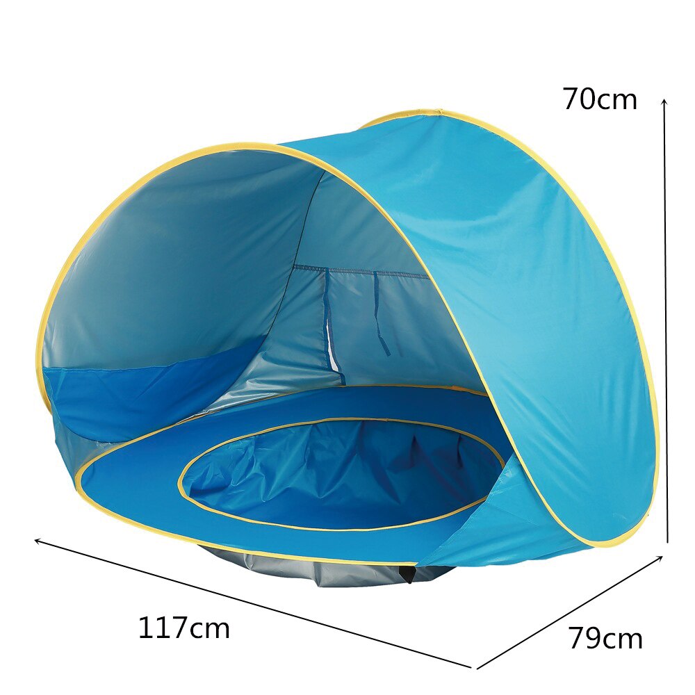 "UV-Schutz-Strandzelt mit integriertem Baby-Planschbecken, blaues Zelt, bietet Sonnenschutz und sicheren Spielspaß"