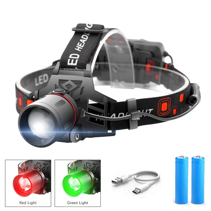 "Vielseitige, ergonomische LED Stirnlampe mit Weiß-, Rot- und Grünlicht, ideal für Outdoor-Abenteuer und Arbeiten im Dunkeln.