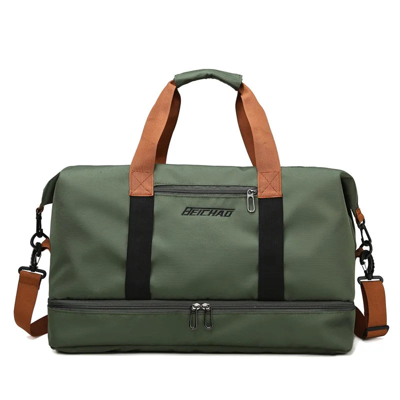 Vielseitige Sporttasche mit separatem Schuh- und Nassfach, ideal für aktive Reisende, Größe 46x25x28 cm, in Armeegrün.