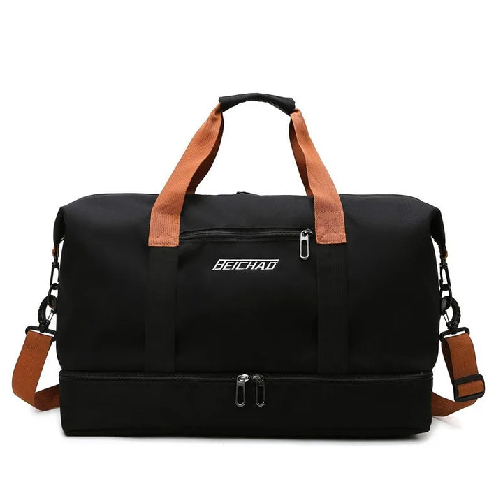 Vielseitige Sporttasche mit separatem Schuh- und Nassfach, ideal für aktive Reisende, Größe 46x25x28 cm, in Armeegrün.