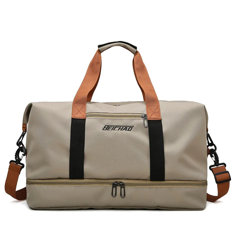 Vielseitige Sporttasche mit separatem Schuh- und Nassfach, ideal für aktive Reisende, Größe 46x25x28 cm, in Armeegrün.