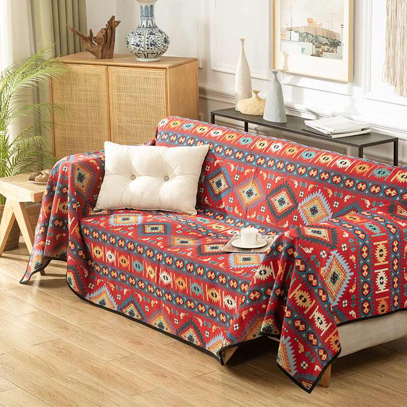 "Vielseitiger marokkanischer Jacquard-Überwurf, Sofabezug in Blau, Gelb, Rot; traditionelles Design, heimische Dekoration"