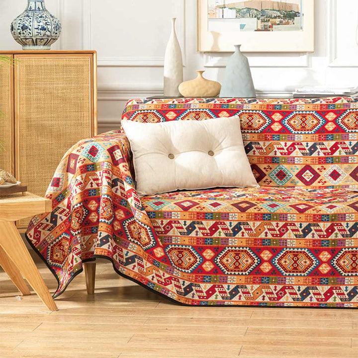 "Vielseitiger marokkanischer Jacquard-Überwurf, Sofabezug in Blau, Gelb, Rot; traditionelles Design, heimische Dekoration"