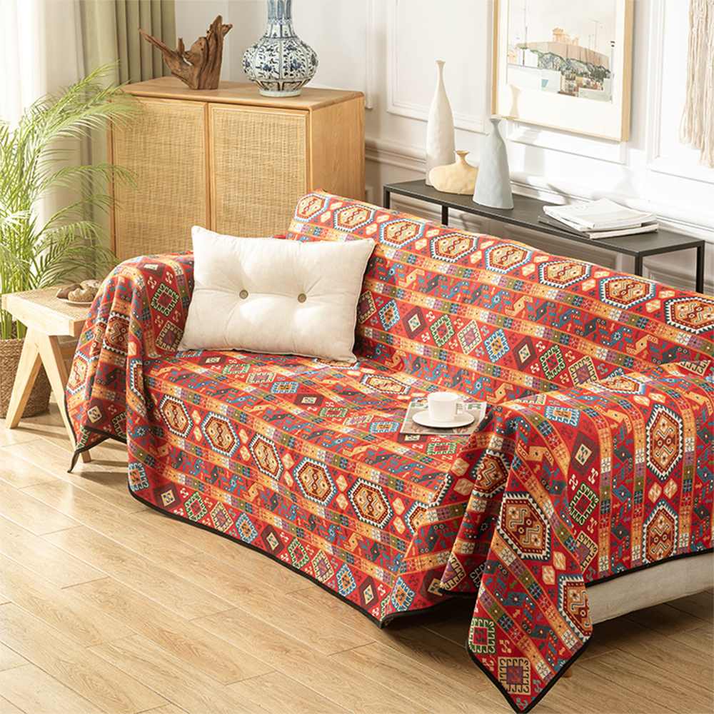 "Vielseitiger marokkanischer Jacquard-Überwurf, Sofabezug in Blau, Gelb, Rot; traditionelles Design, heimische Dekoration"