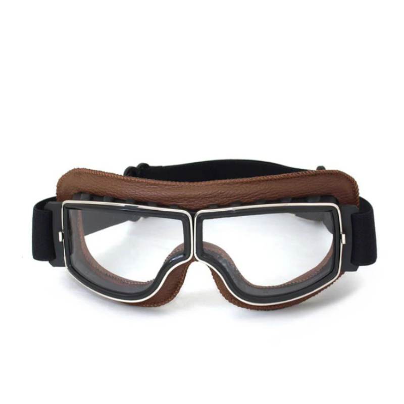 "Vintage Motorradbrille aus Leder, Retro-Stil, splitterfreie Gläser, Schutz vor Wind und Staub, stilvoll und robust."