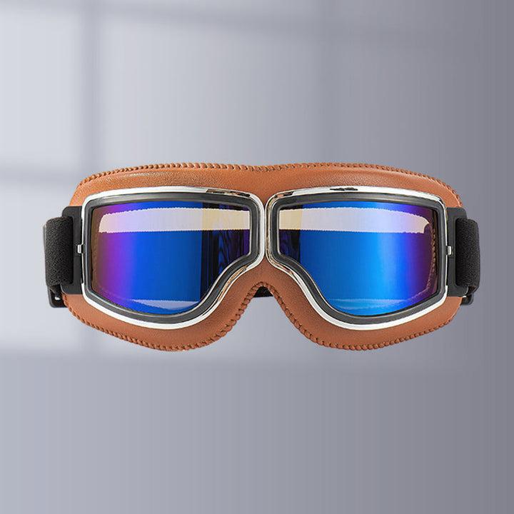 "Vintage Motorradbrille mit UV-Schutz, klassisches Design, braune Linsen, faltbar, verstellbares Band, kratzfest."