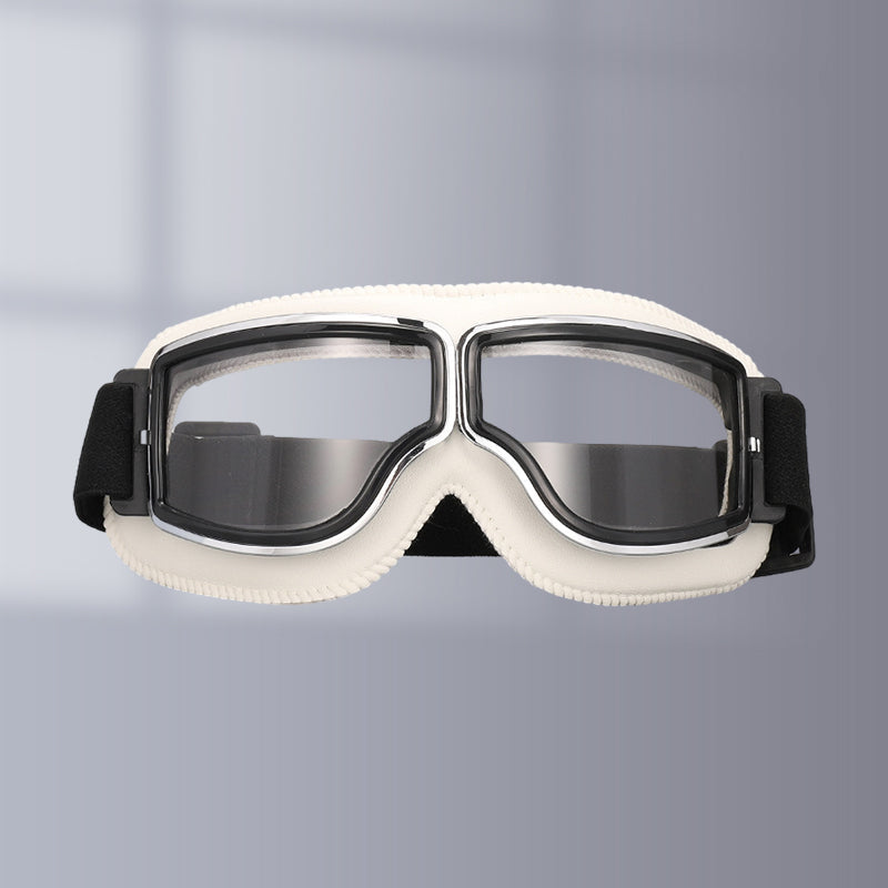 "Vintage Motorradbrille mit UV-Schutz, klassisches Design, braune Linsen, faltbar, verstellbares Band, kratzfest."