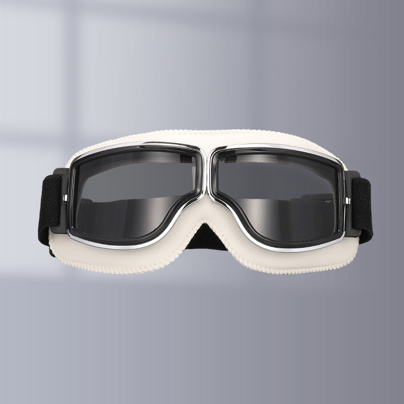 "Vintage Motorradbrille mit UV-Schutz, klassisches Design, braune Linsen, faltbar, verstellbares Band, kratzfest."