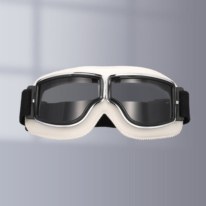 "Vintage Motorradbrille mit UV-Schutz, klassisches Design, braune Linsen, faltbar, verstellbares Band, kratzfest."