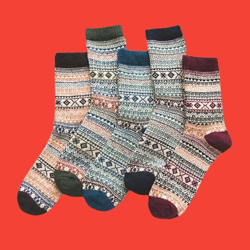 "Warme Wollsocken im Vintage-Stil, 5 Paar, kuschelig und stilvoll für den Winter, ideale Accessoires in versch. Farben."