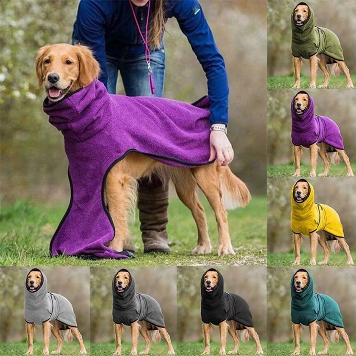 Warmer Hundemantel mit verstellbarer Schnalle, flauschigem Material, in Dunkelgrau und Gelb, ideal für kalte Tage.