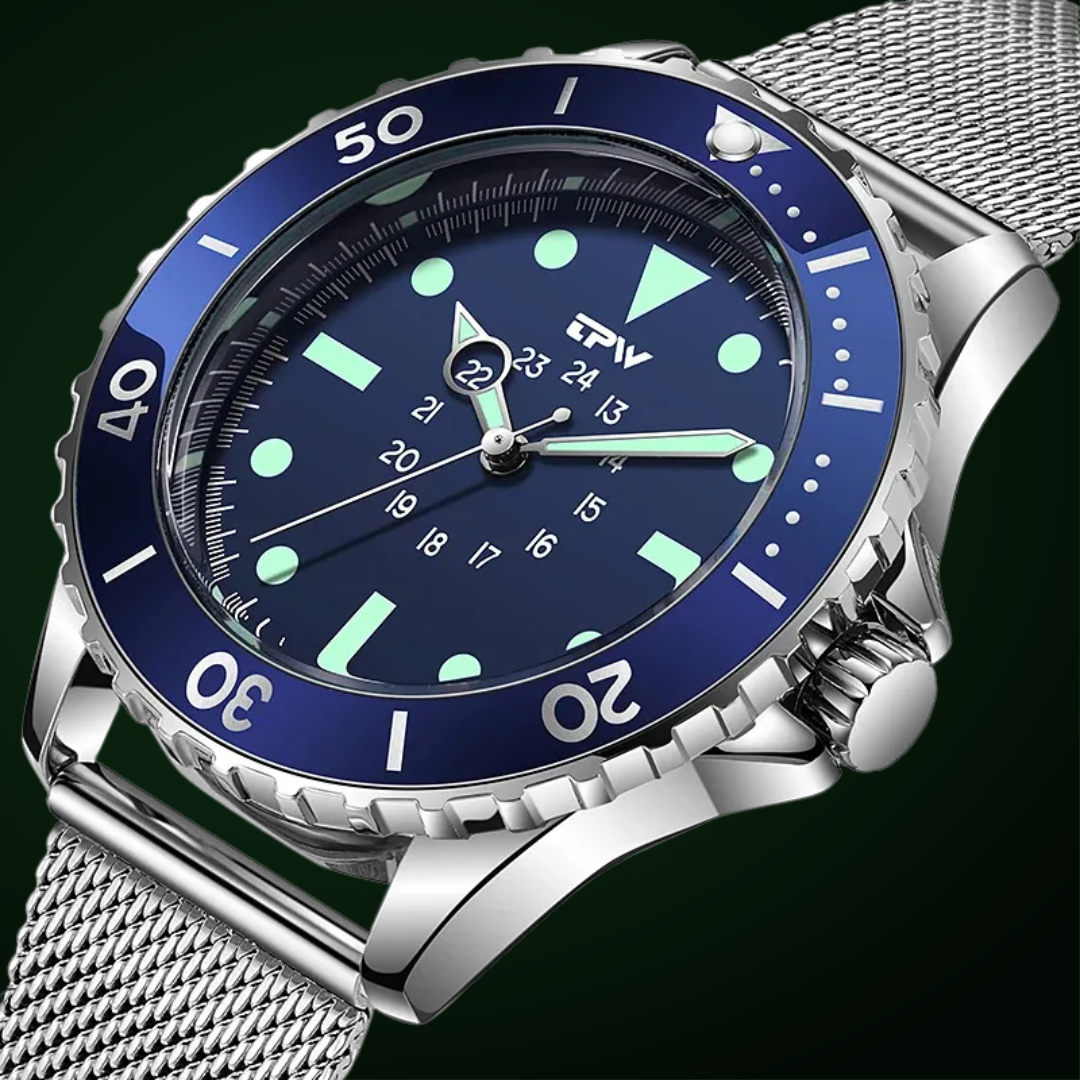 "Wasserdichte Herren-Taucheruhr mit grünem Armband, robustem Edelstahl-Gehäuse und leuchtenden Zeigern im Militärdesign"