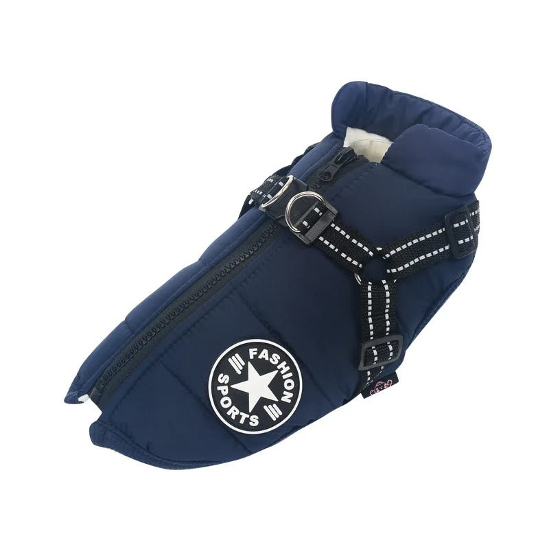 Wasserdichte Hundejacke in Dunkelblau, wärmeisolierend und sichtbar, schützt vor Regen und Kälte. Ideal für Spaziergänge.