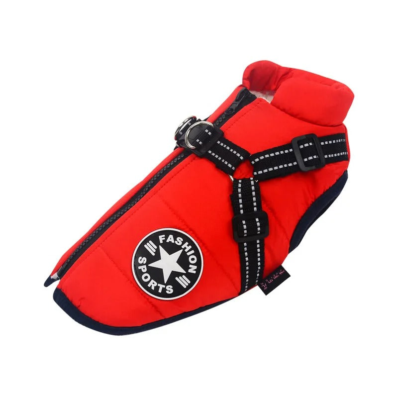 Wasserdichte Hundejacke in Dunkelblau, wärmeisolierend und sichtbar, schützt vor Regen und Kälte. Ideal für Spaziergänge.