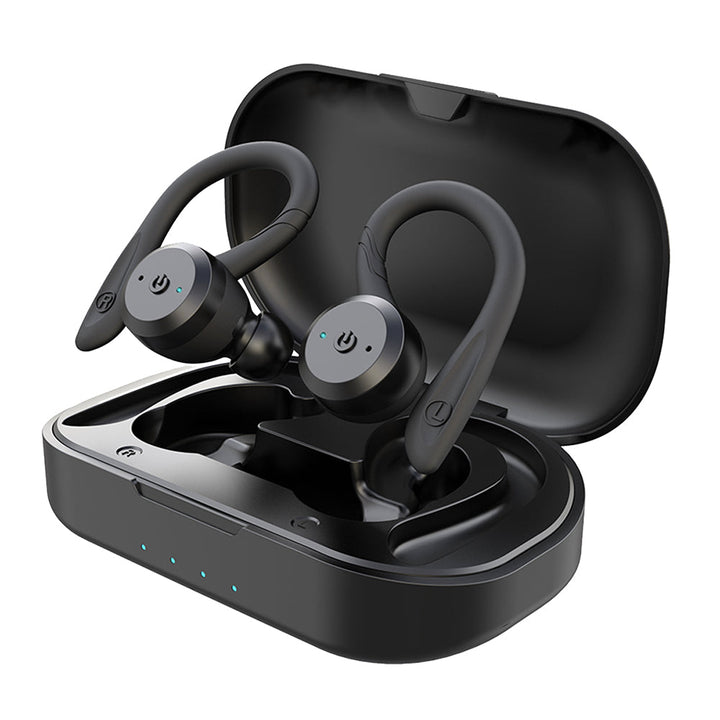 "Wasserdichte kabellose Sport-Ohrstöpsel mit ergonomischem Design und 20 Std Spielzeit, ideal für aktive Nutzung und Regen."