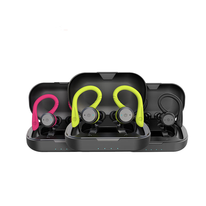 "Wasserdichte kabellose Sport-Ohrstöpsel mit ergonomischem Design und 20 Std Spielzeit, ideal für aktive Nutzung und Regen."