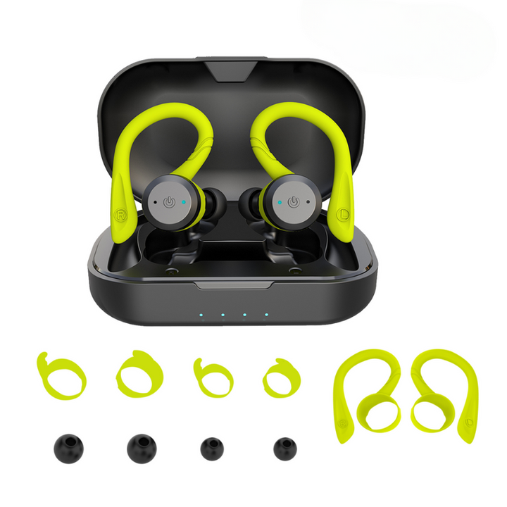 "Wasserdichte kabellose Sport-Ohrstöpsel mit ergonomischem Design und 20 Std Spielzeit, ideal für aktive Nutzung und Regen."