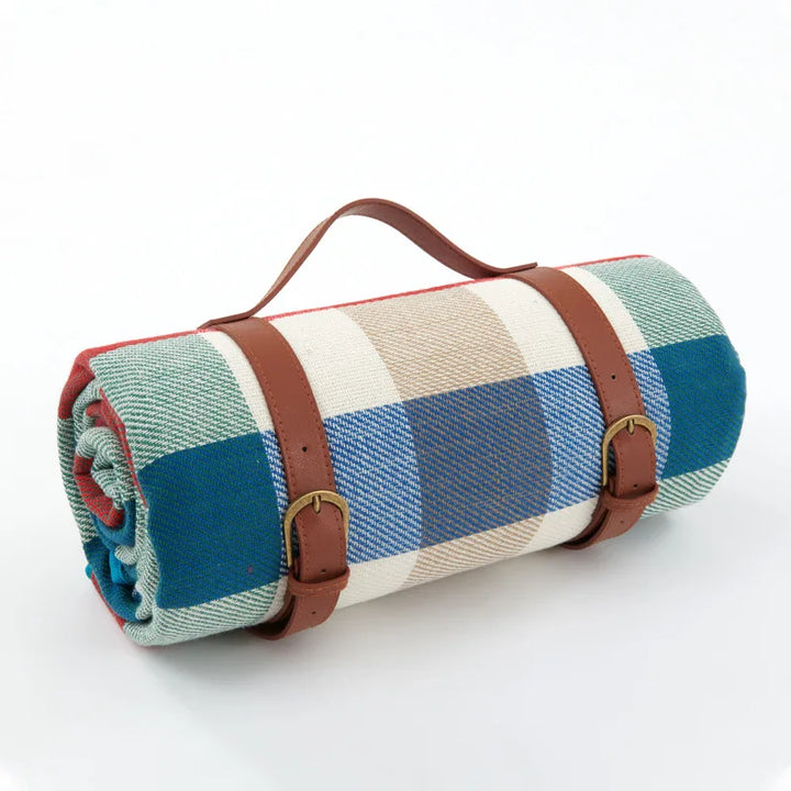 "Wasserdichte Picknickdecke 150x200 cm, faltbar, mit Tragegriff, ideal für Camping und Outdoor, weiche blaue Oberfläche."