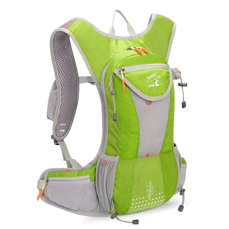 "Wasserdichter blauer Outdoor-Rucksack mit 2L Wasserblase, leicht und verstellbar, ideal für Abenteuer und Sport."