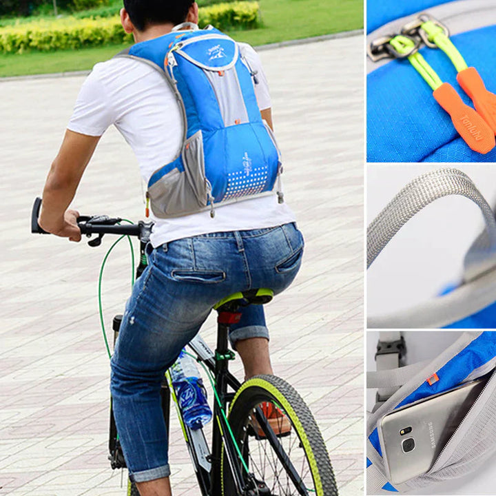"Wasserdichter blauer Outdoor-Rucksack mit 2L Wasserblase, leicht und verstellbar, ideal für Abenteuer und Sport."