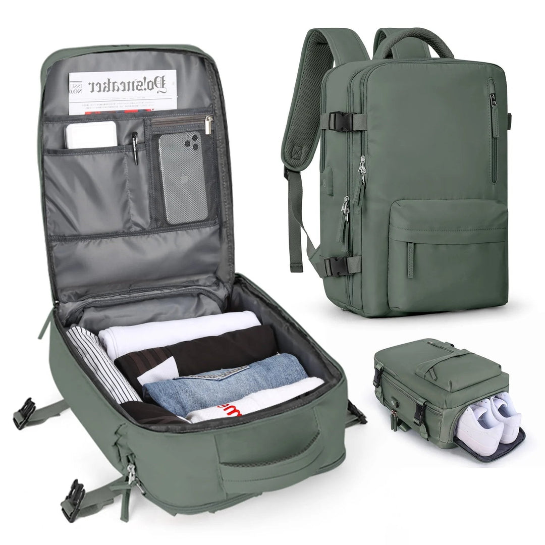 "Wasserdichter Damenreise-Rucksack mit USB-Anschluss, 35L Volumen, in Blau mit gepolsterten Gurten und Sicherheitsfach."