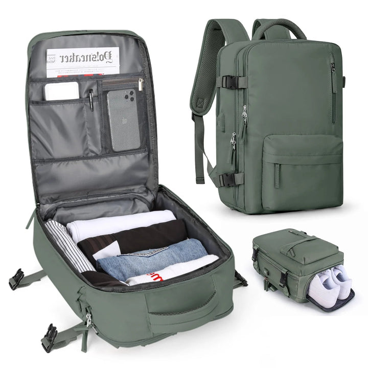 "Wasserdichter Damenreise-Rucksack mit USB-Anschluss, 35L Volumen, in Blau mit gepolsterten Gurten und Sicherheitsfach."