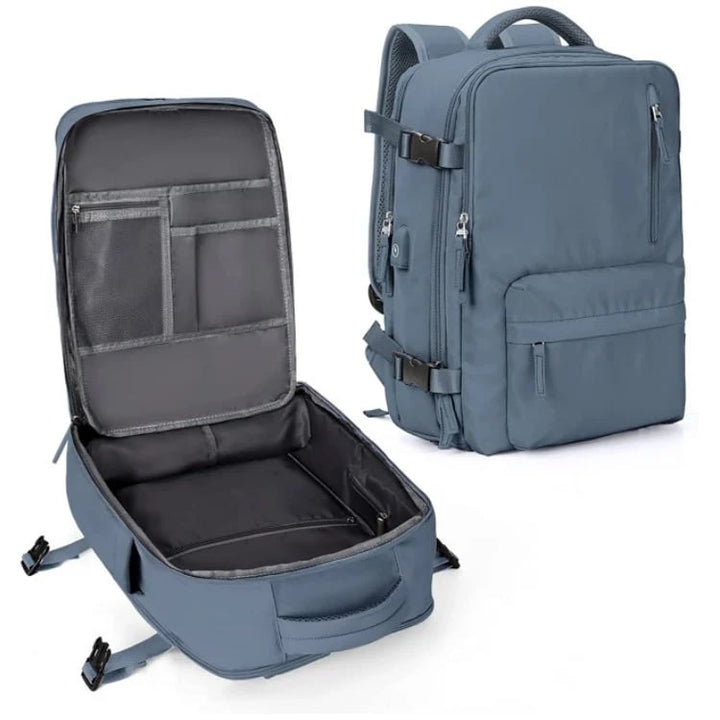 "Wasserdichter Damenreise-Rucksack mit USB-Anschluss, 35L Volumen, in Blau mit gepolsterten Gurten und Sicherheitsfach."